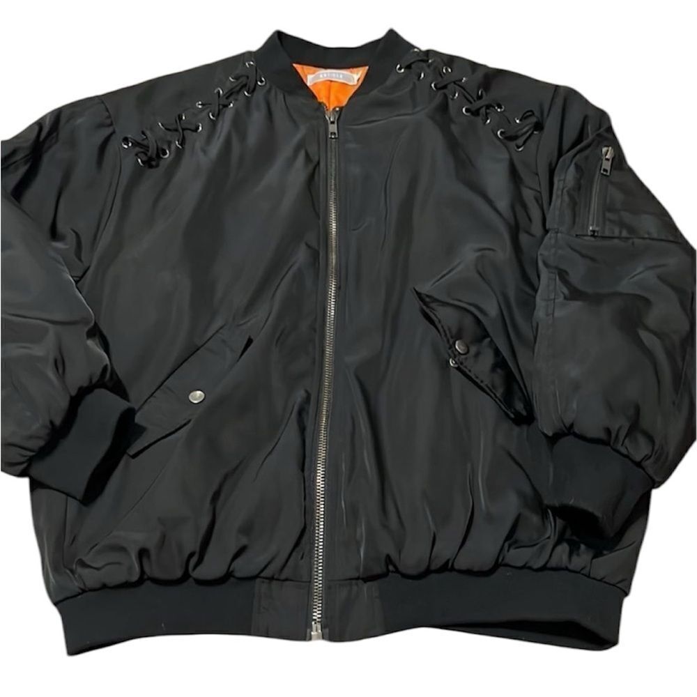 Article size M black with orange lining zip front bomber jacket EUC